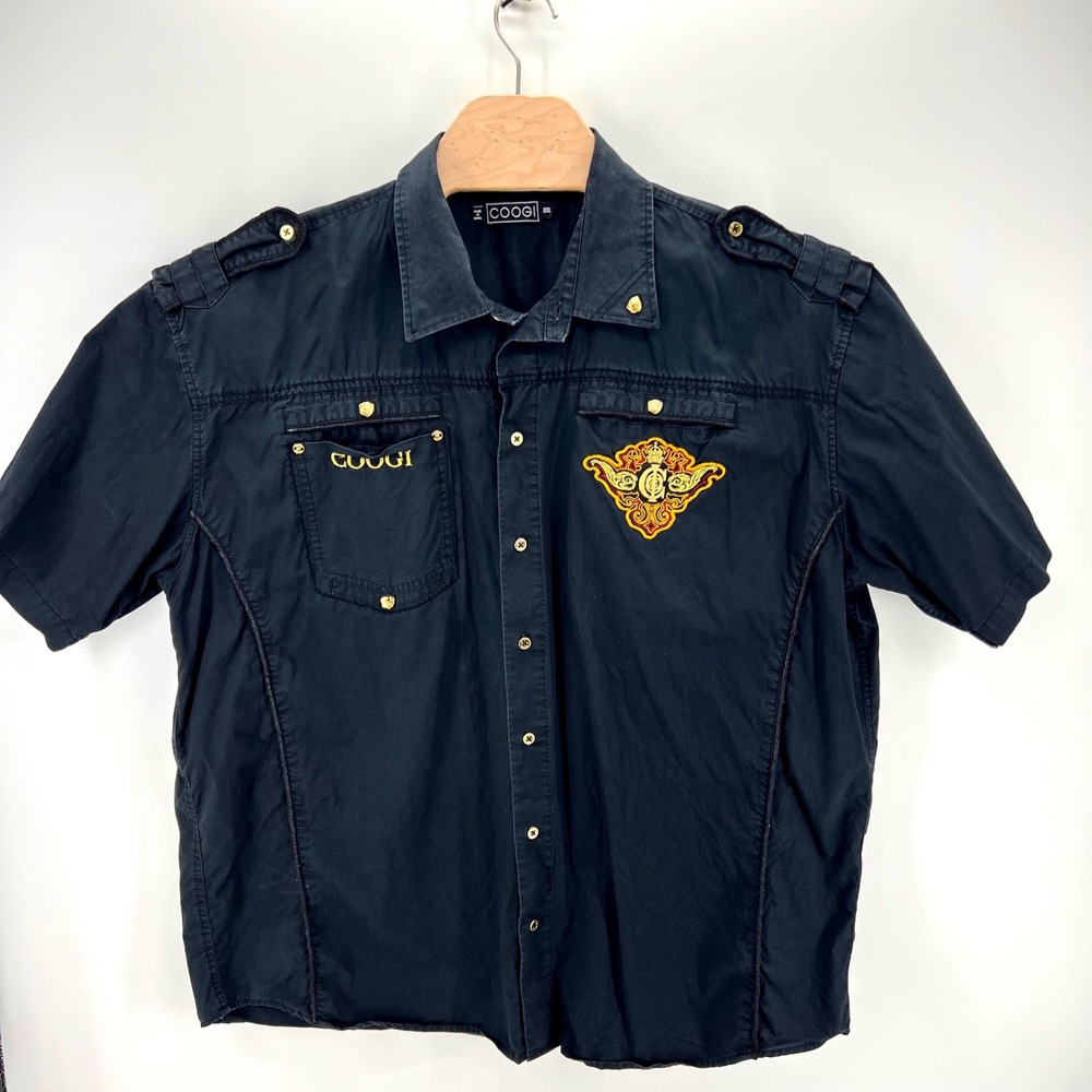 Coogi Embroidered Military Button Down Shirt 3XL Black Gold Crest Y2K Streetwear